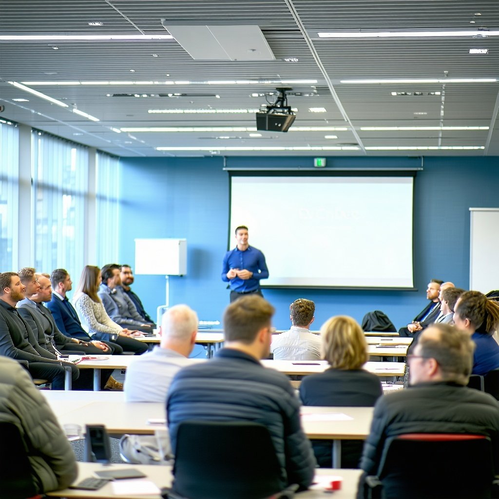 back of the room view of a workshop meeting for professionals with a male speaker at the front-1